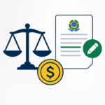 Uma balança da justiça em azul-marinho, representando o processo legal ganho pelo cidadão;