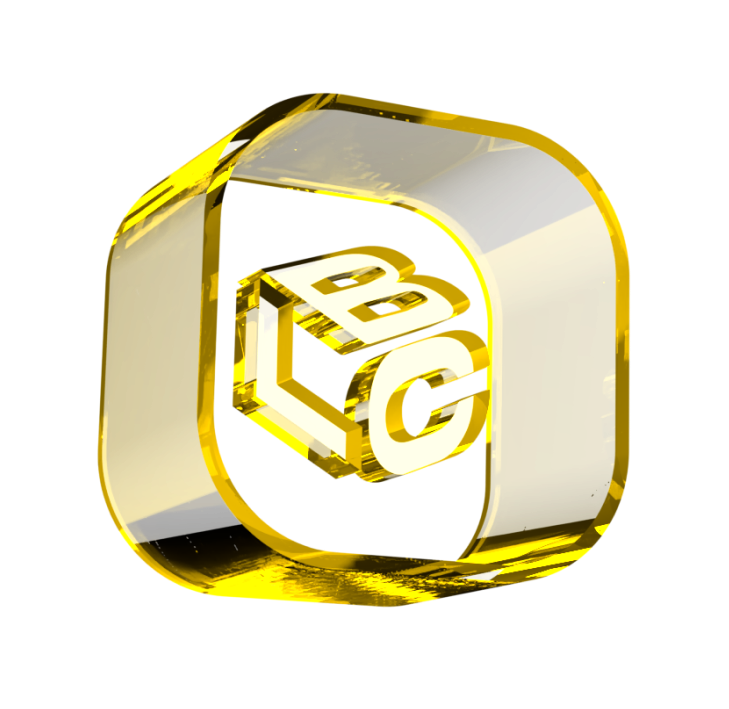 Logo 3D dourado com letras "LC" dentro de um contorno quadrado