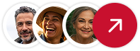 Grupo diverso de pessoas sorrindo, com um ícone de seta para cima